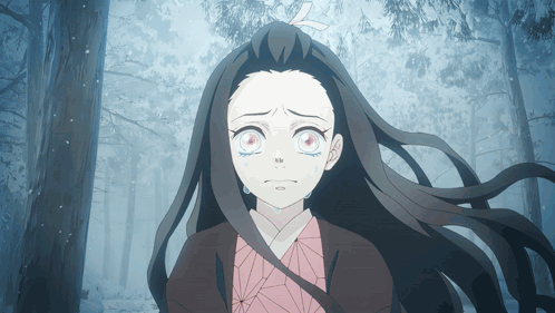 Girl with Long Hair and Red Eyes Crying