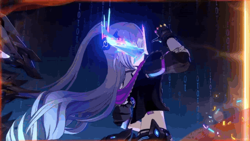 Girl With Long Hair Holding Sword in Front of Binary Background
