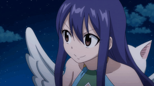 Girl With Long Purple Hair and White Wings Smiling