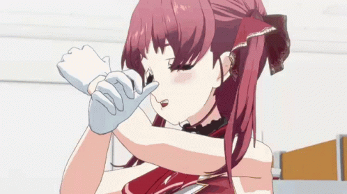 Girl With Long Red Hair in White Gloves and Red Dress