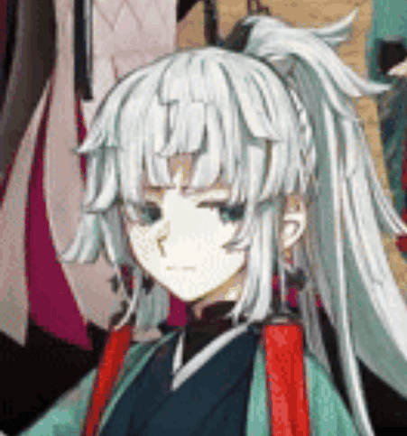 Girl with Long White Hair and Ponytail in Green and Red Kimono