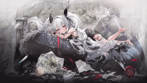Girl With Long White Hair Laying On Bed With Flowers GIF