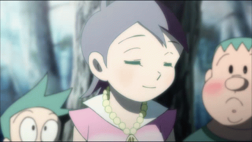 Girl with Necklace Standing Next to Two Characters