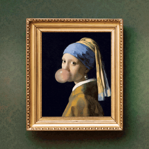 Girl With Pearl Earring Blowing Bubble Gum GIF