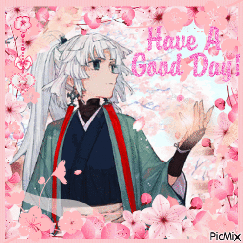 Girl With Pink Flowers Saying Have a Good Day