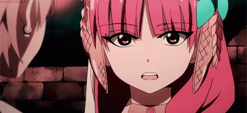 Girl With Pink Hair And Blue Bow Looking At Another Girl GIF