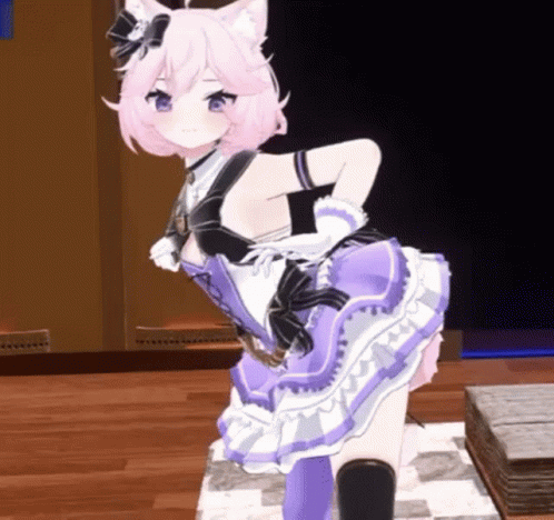Girl With Pink Hair And Blue Eyes In Purple And White Dress GIF