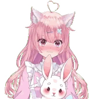 Girl with Pink Hair and Cat Ears Holding Bunny