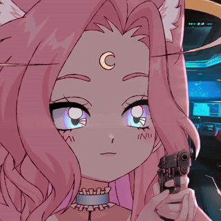 Girl With Pink Hair and Crescent Moon Holds Gun
