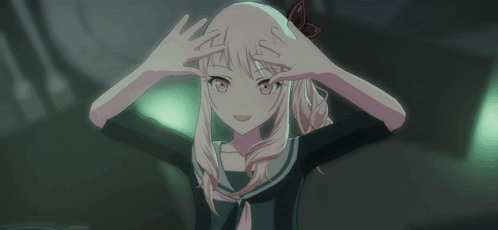 Girl With Pink Hair and Green Eyes Holding Fists Up