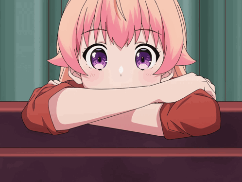 Girl With Pink Hair And Purple Eyes Leaning On Table GIF