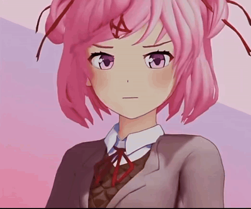 Girl With Pink Hair and Purple Eyes Looking at Camera