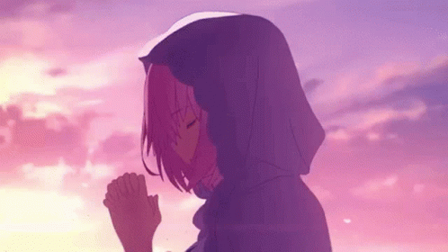 Girl With Pink Hair and Purple Hood Praying Under Pink Sky