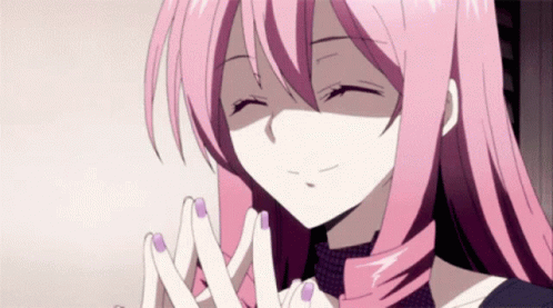 Girl with Pink Hair and Purple Nails Smiling Eyes Closed