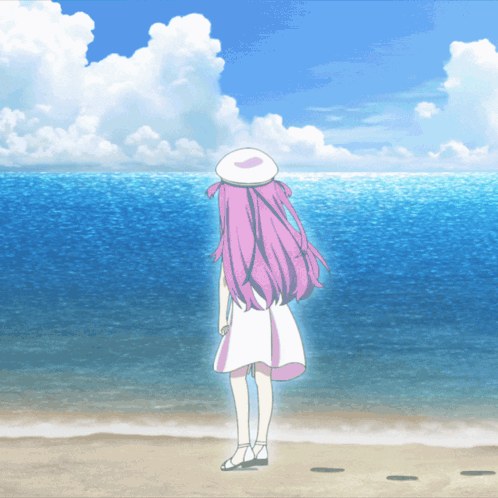 Girl With Pink Hair and White Hat on Beach