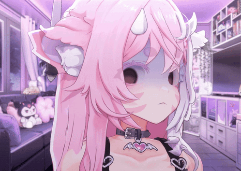 Girl With Pink Hair And White Horns Wearing Choker GIF