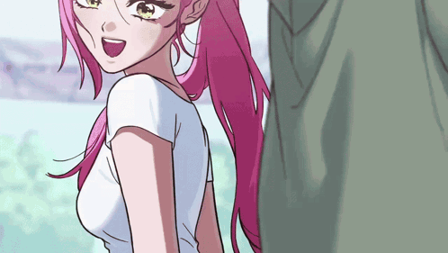 Girl with Pink Hair and White Shirt Next to Man