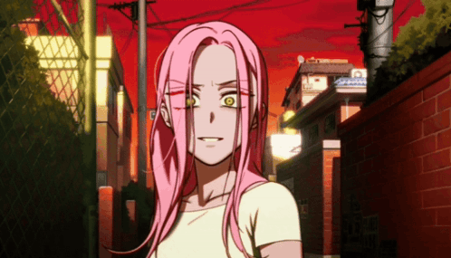 Girl with Pink Hair and Yellow Eyes in Alleyway