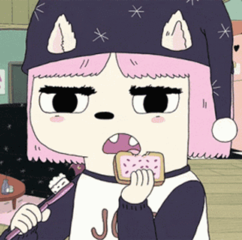 Girl With Pink Hair Brushing Teeth and Eating Toaster