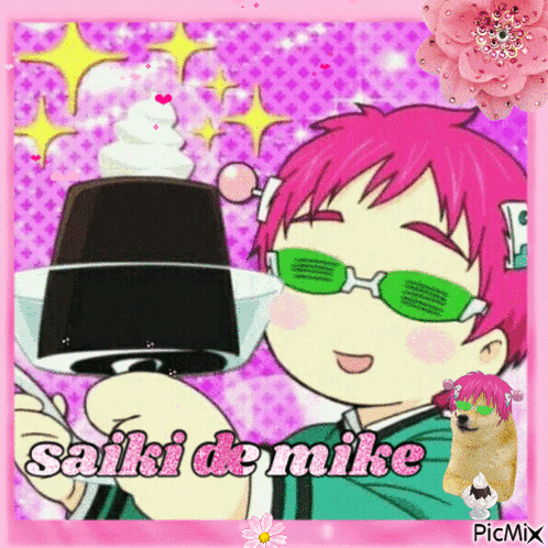 Girl with Pink Hair Green Sunglasses Holding Bowl Saiki De Mike