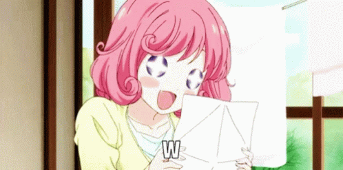 Girl With Pink Hair Holding Paper With Letter W GIF