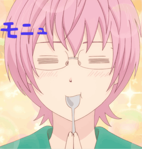 Girl with Pink Hair Holding Spoon in Mouth