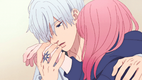 Girl with Pink Hair Hugging Boy with White Hair