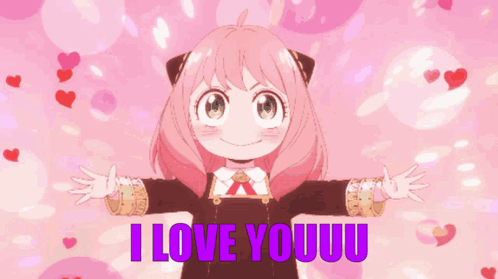 Girl With Pink Hair Hugging Saying I Love Youuu in Purple
