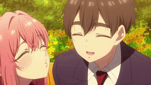 Girl With Pink Hair Kissing Boy in Suit and Tie