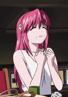 Girl with Pink Hair Sitting with Hands on Chest