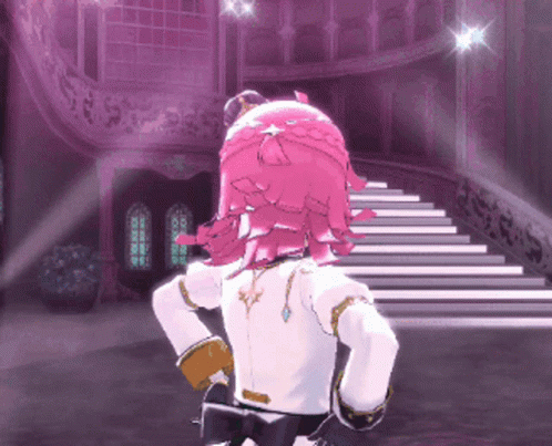 Girl With Pink Hair Standing In Front Of Staircase GIF