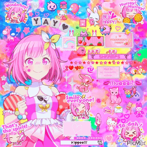 Girl With Pink Hair Surrounded By Stickers GIF