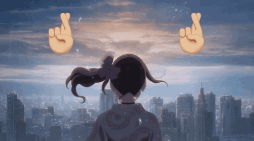 Girl With Ponytail Crosses Fingers Over City GIF