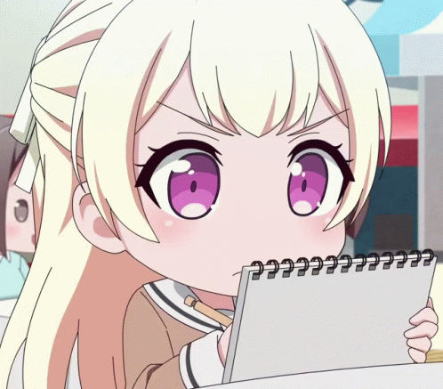 Girl With Purple Eyes Holding Spiral Notebook GIF