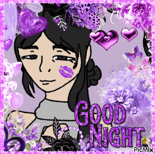 Girl With Purple Flowers Good Night GIF