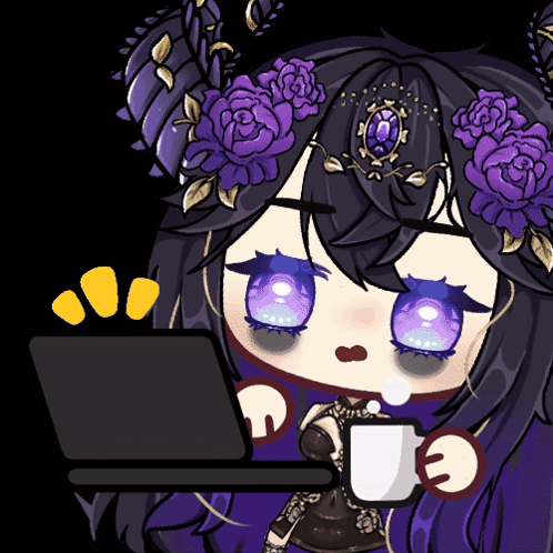 Girl With Purple Flowers Holding Cup and Laptop