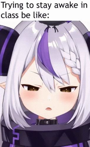 Girl With Purple Hair and Bird on Head Trying to Stay Awake in Class