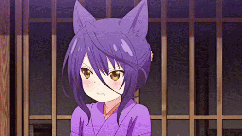Girl with Purple Hair and Cat Ears in Kimono