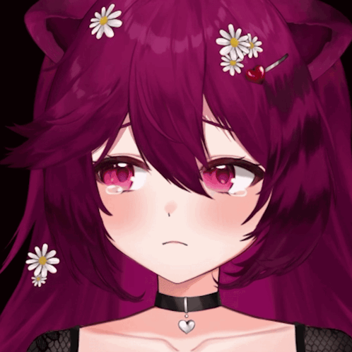 Girl With Purple Hair And Flowers And Heart Necklace GIF