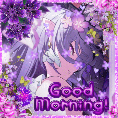 Girl With Purple Hair And Flowers Says Good Morning GIF