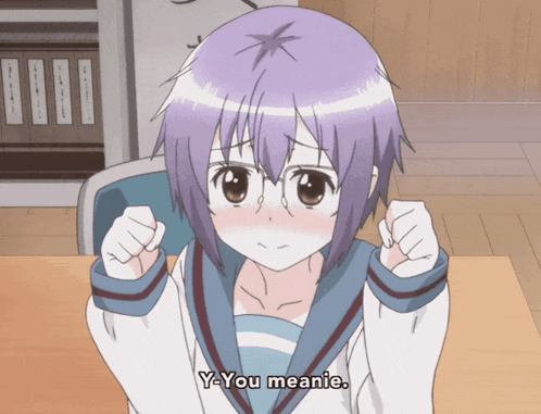 Girl with Purple Hair and Glasses Saying You Meanie