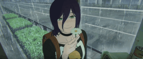 Girl With Purple Hair and Green Eyes Holding Flower