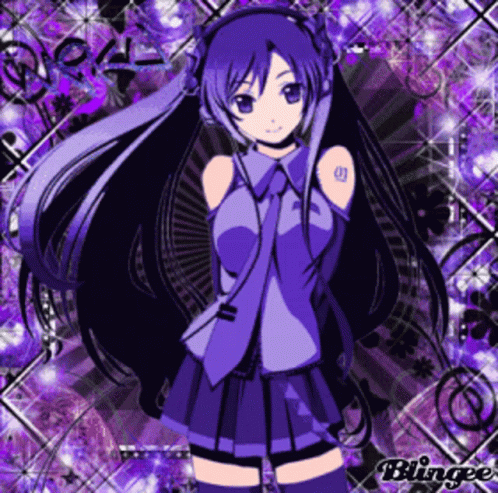 Girl With Purple Hair and Headphones on Purple Black Background