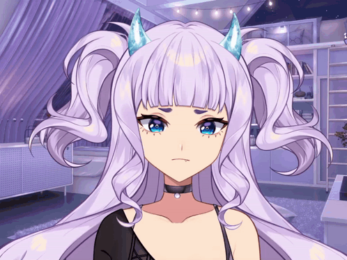 Girl With Purple Hair and Horns Sad