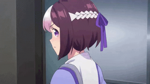 Girl with Purple Hair and Purple Bow in Doorway