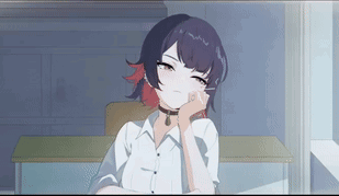 Girl With Purple Hair And Red Highlights Chin In Hand GIF