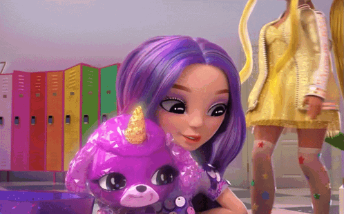 Girl With Purple Hair Holding Purple Unicorn GIF
