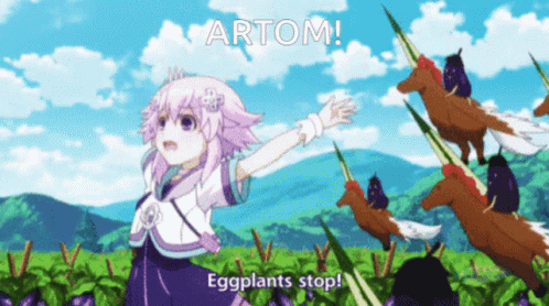 Girl with Purple Hair in Field Artom Eggplants Stop