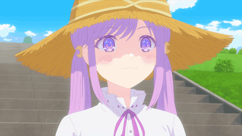 Girl With Purple Hair In Straw Hat And White Shirt GIF