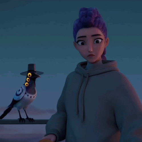 Girl With Purple Hair Standing Next to Bird With Hat
